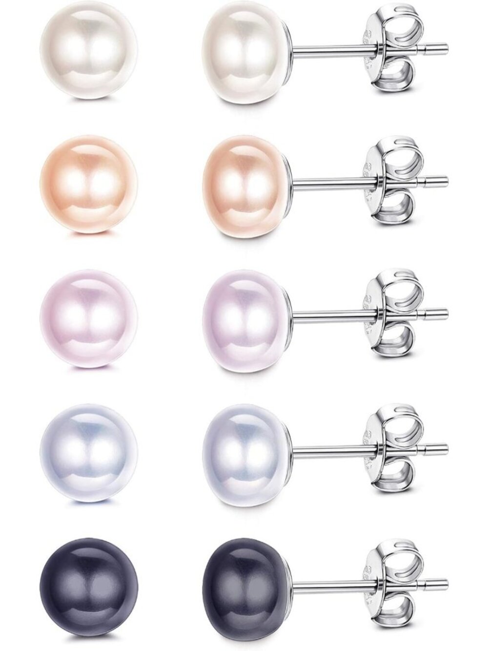 Elegant Pearl Stud Earrings Set - 5 Pairs Freshwater Cultured, 18K Gold Plated